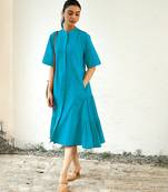 Turquoise blue cotton flared midi dress