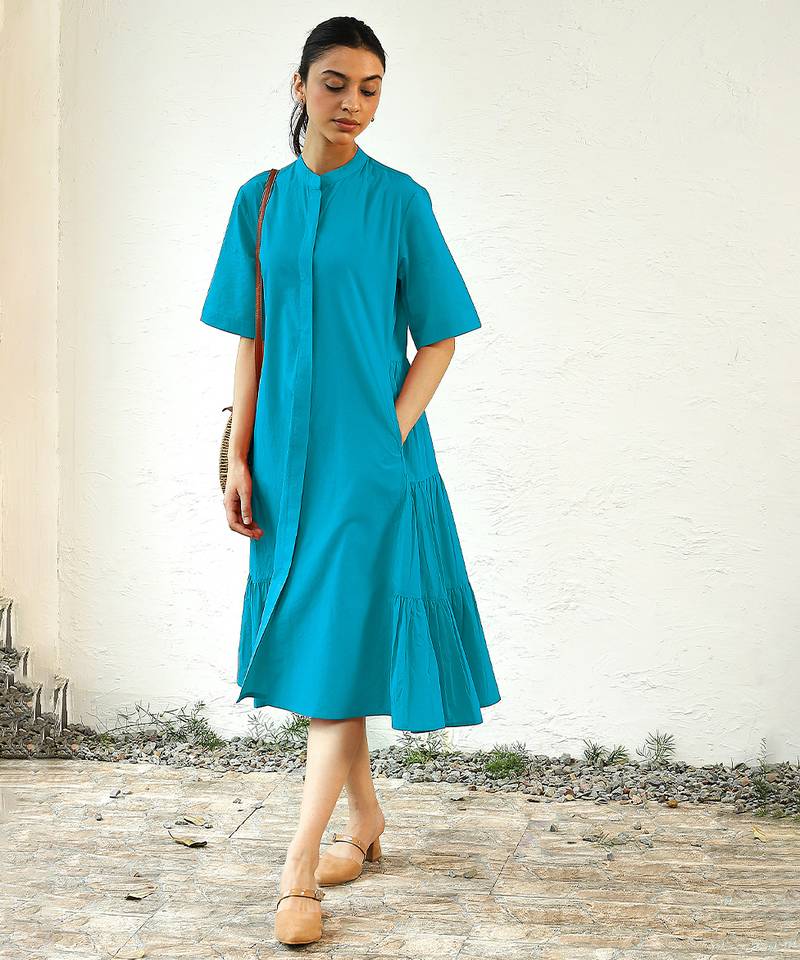 Turquoise blue cotton flared midi dress