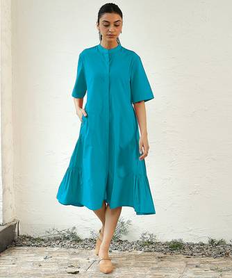 Turquoise blue cotton flared midi dress 2