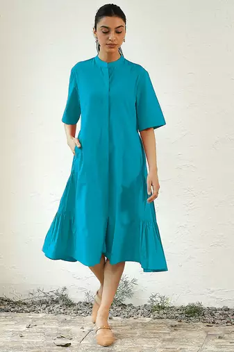 Turquoise blue cotton flared midi dress