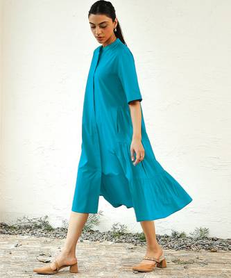 Turquoise blue cotton flared midi dress 3