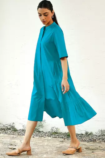 Turquoise blue cotton flared midi dress
