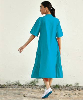 Turquoise blue cotton flared midi dress 4