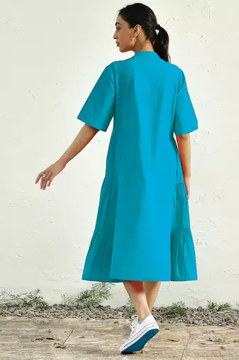 Turquoise blue cotton flared midi dress