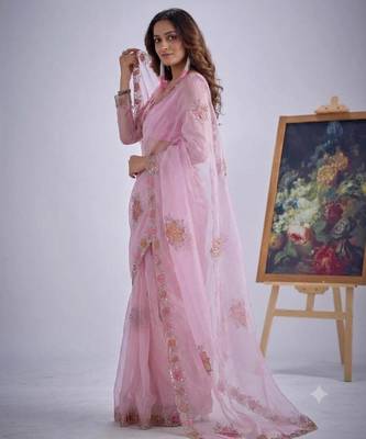 Pink organza printed saree 2