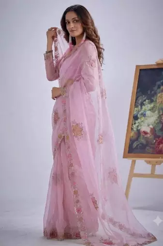 Pink organza printed saree