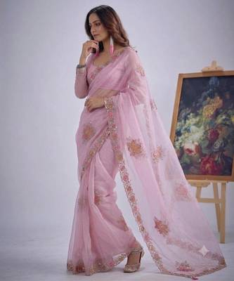 Pink organza printed saree 3
