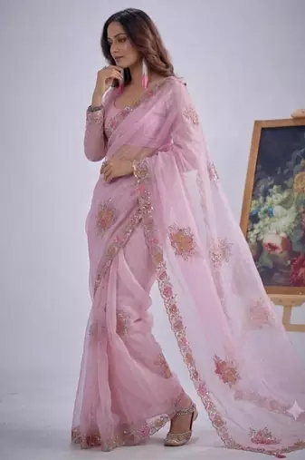 Pink organza printed saree