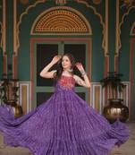 Purple bandhani print faux georgette gown with kutchi patchwork
