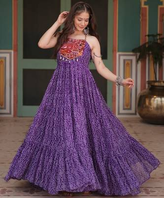 Purple bandhani print faux georgette gown with kutchi patchwork 2