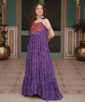 Purple bandhani print faux georgette gown with kutchi patchwork 4
