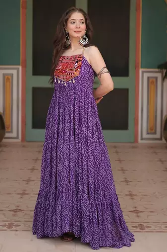 Purple bandhani print faux georgette gown with kutchi patchwork