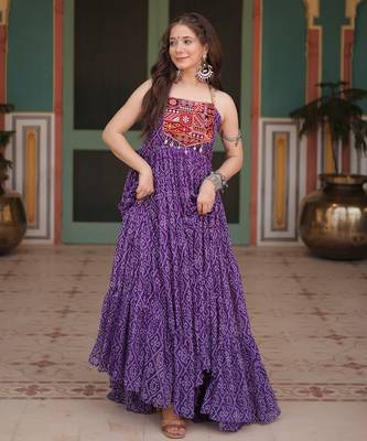 Purple bandhani print faux georgette gown with kutchi patchwork 5