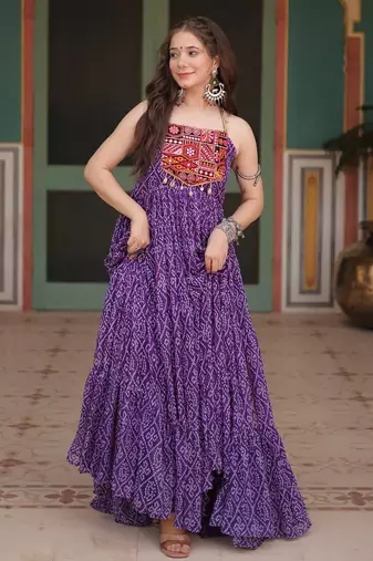 Purple bandhani print faux georgette gown with kutchi patchwork