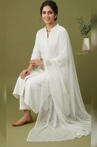 White rayon kurta set with dupatta
