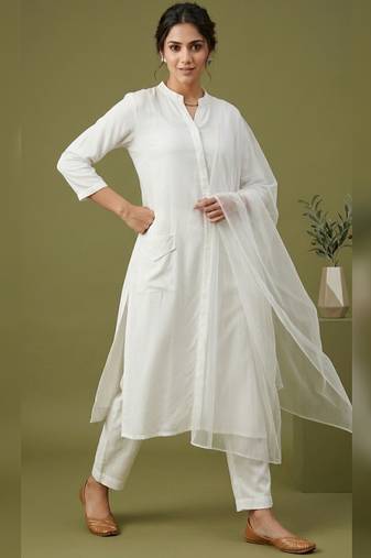 White rayon kurta set with dupatta