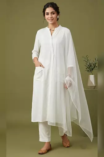 White rayon kurta set with dupatta