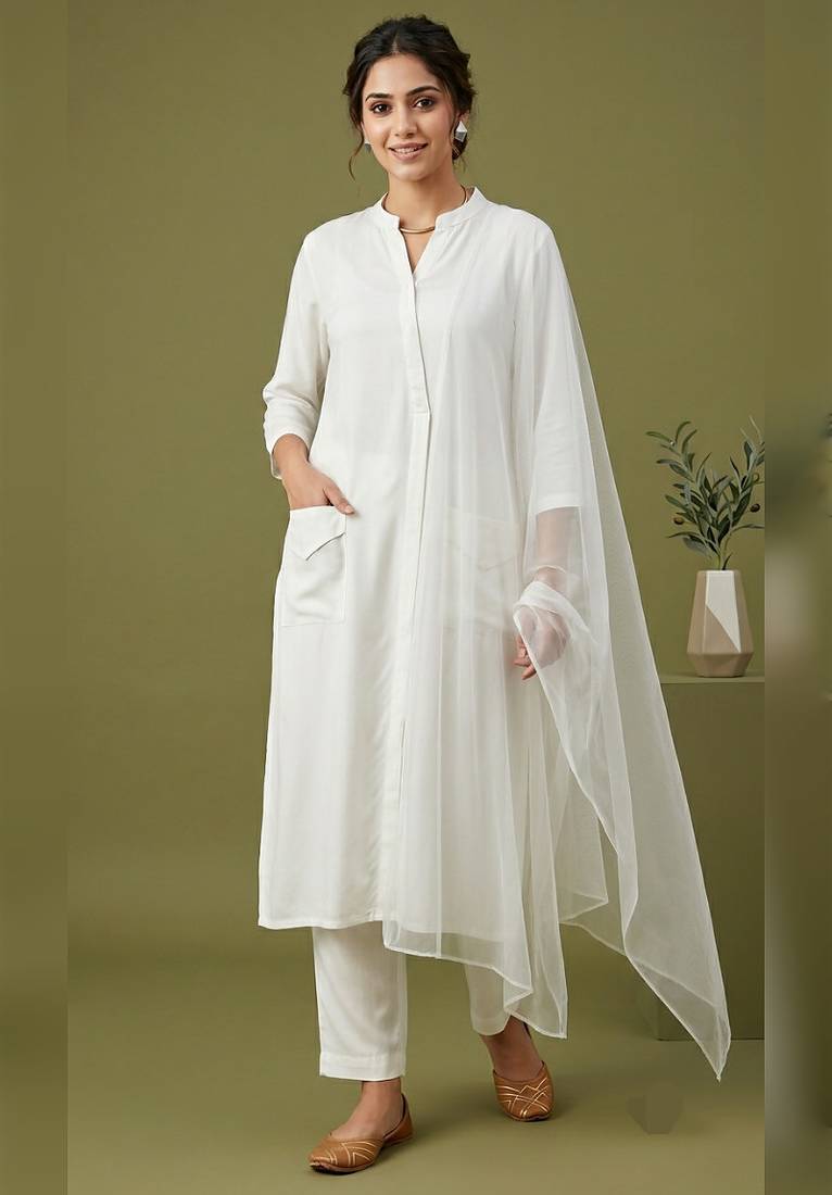 White rayon kurta set with dupatta