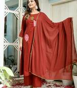 Women's Maroon  Embroidered Kurta Palazzo Set with Dupatta