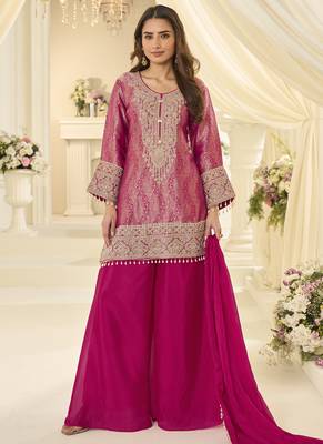 Pink embroidered jacquard plazzo suit 1