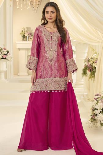 Pink embroidered jacquard plazzo suit