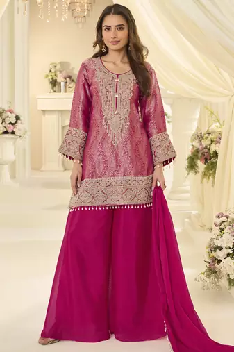 Pink embroidered jacquard plazzo suit