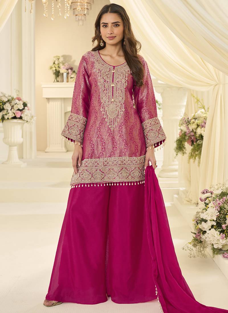 Pink embroidered jacquard plazzo suit
