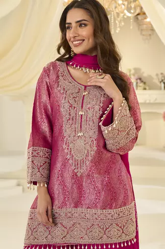 Pink embroidered jacquard plazzo suit