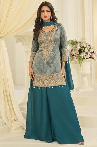 Turquoise embroider jacquard plazzo suit