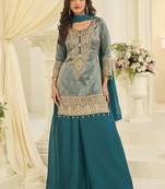 Turquoise embroider jacquard plazzo suit