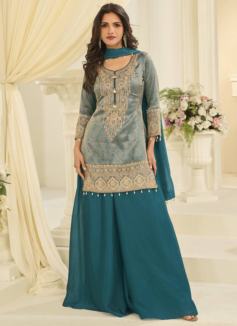 Turquoise embroider jacquard plazzo suit