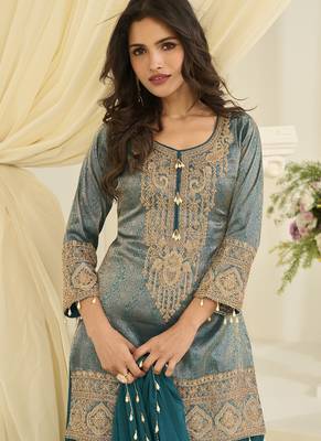 Turquoise embroider jacquard plazzo suit 2