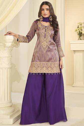 Lavender embroidered jacquard plazzo suit