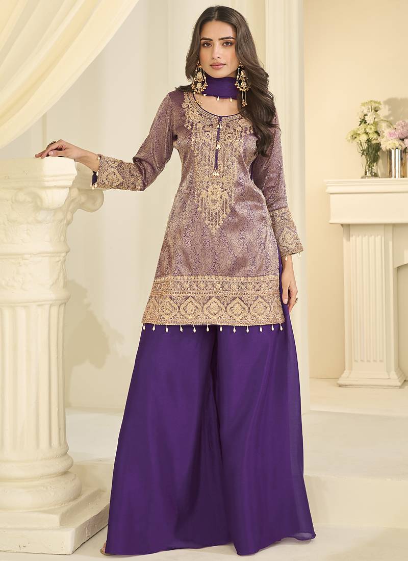 Lavender embroidered jacquard plazzo suit