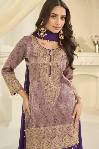 Lavender embroidered jacquard plazzo suit