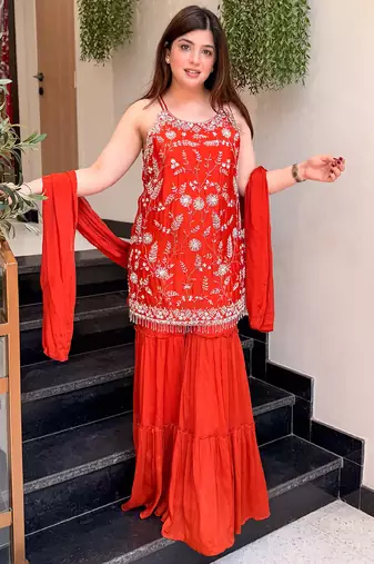 Red embroidered chinon sharara suit