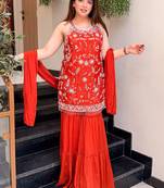 Red embroidered chinon sharara suit