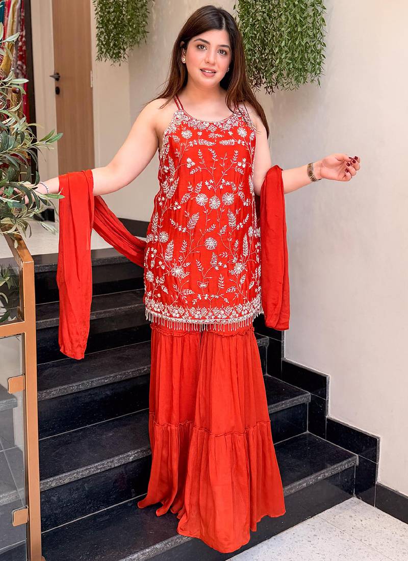 Red embroidered chinon sharara suit