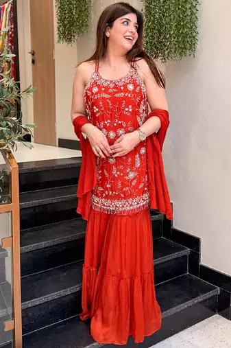Red embroidered chinon sharara suit