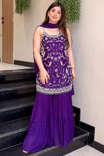 Purple embroidered chinon sharara suit