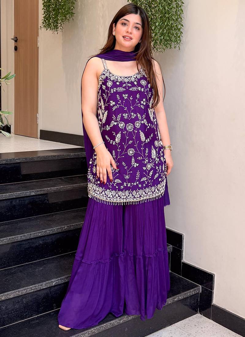 Purple embroidered chinon sharara suit