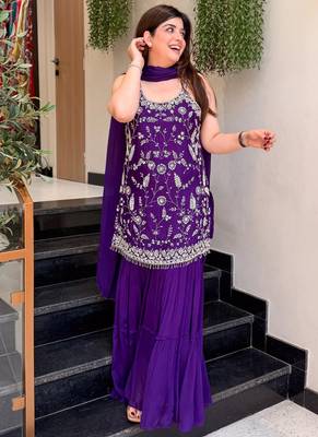 Purple embroidered chinon sharara suit 2