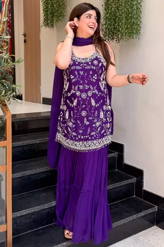 Purple embroidered chinon sharara suit