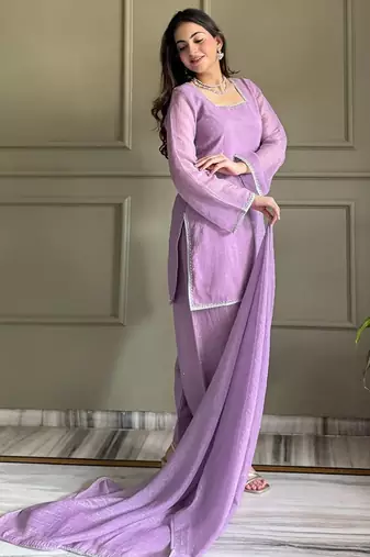 Lavender embroiderd crunchy salwar suit