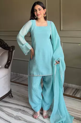 Sky-blue embroiderd crunchy salwar suit