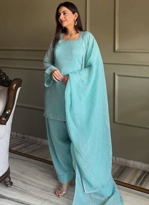 Sky-blue embroiderd crunchy salwar suit 2