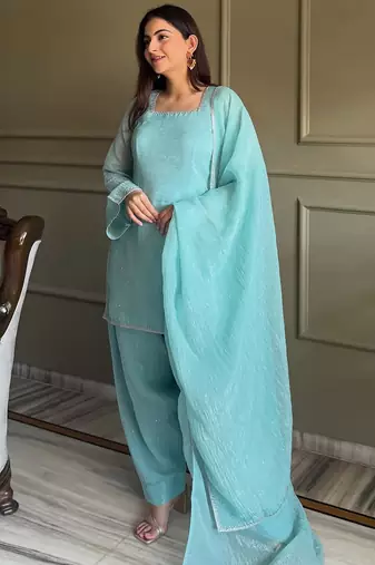 Sky-blue embroiderd crunchy salwar suit