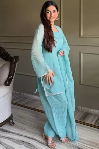 Sky-blue embroiderd crunchy salwar suit