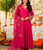 Pink embroiderd viscose anarkali suit