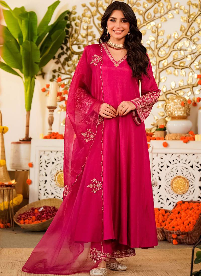 Pink embroiderd viscose anarkali suit